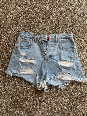 High-Waist Distressed Light Blue Denim Shorts